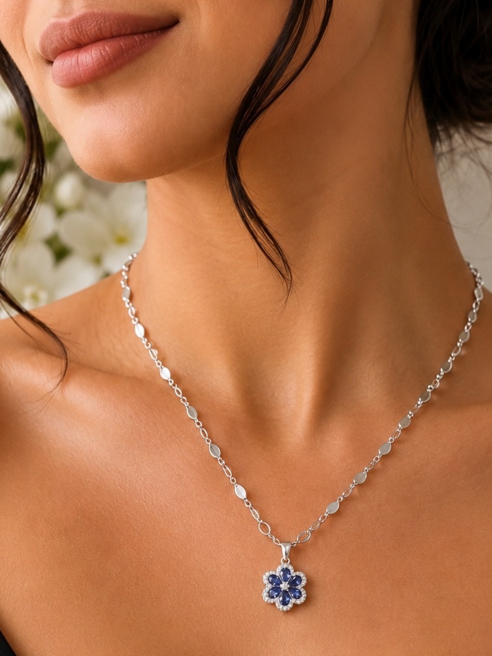 Silver Necklace with Blue Floral Pendant - Picture 2 of 6